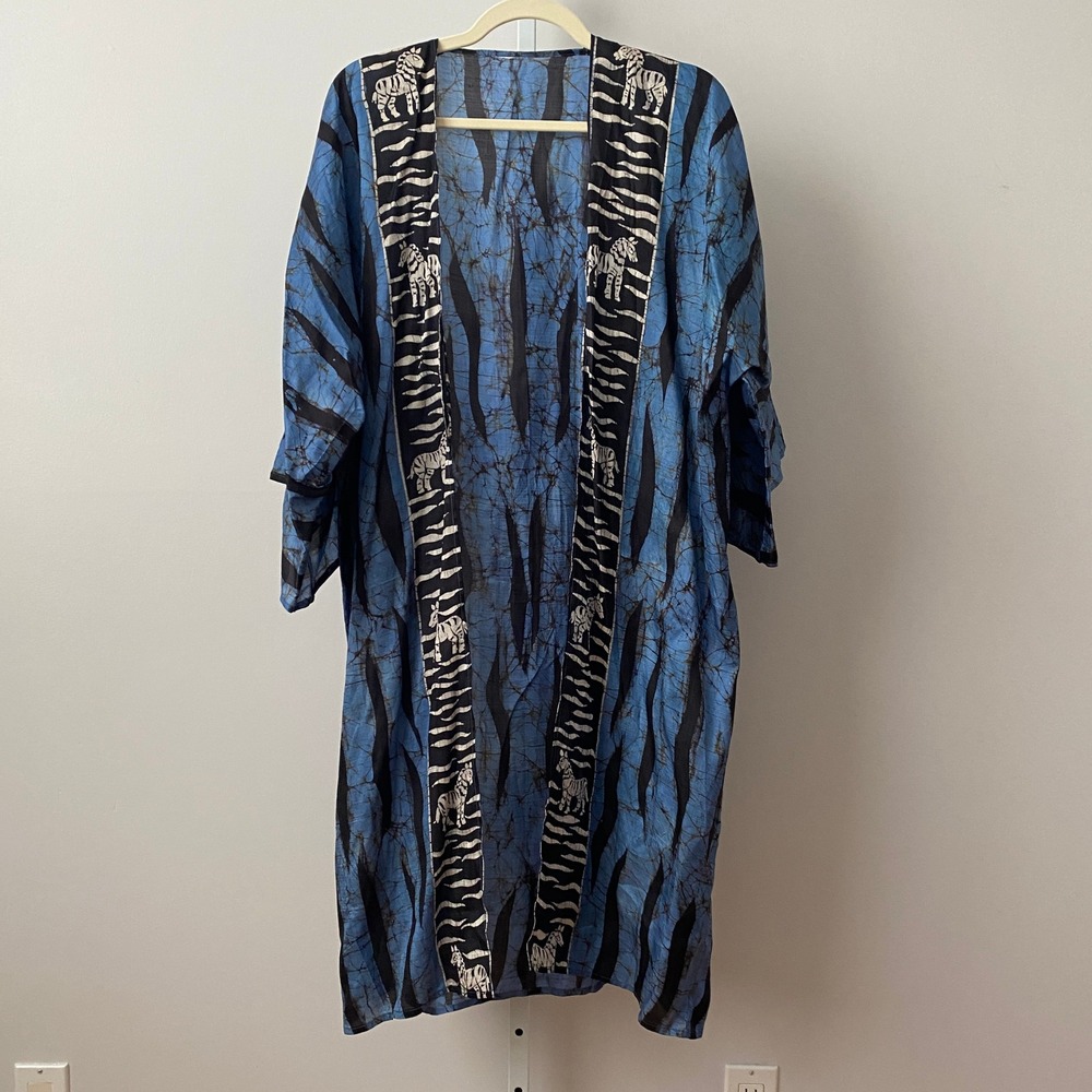Boho Beachy Zebra Batik Kimono Robe One Size Blue